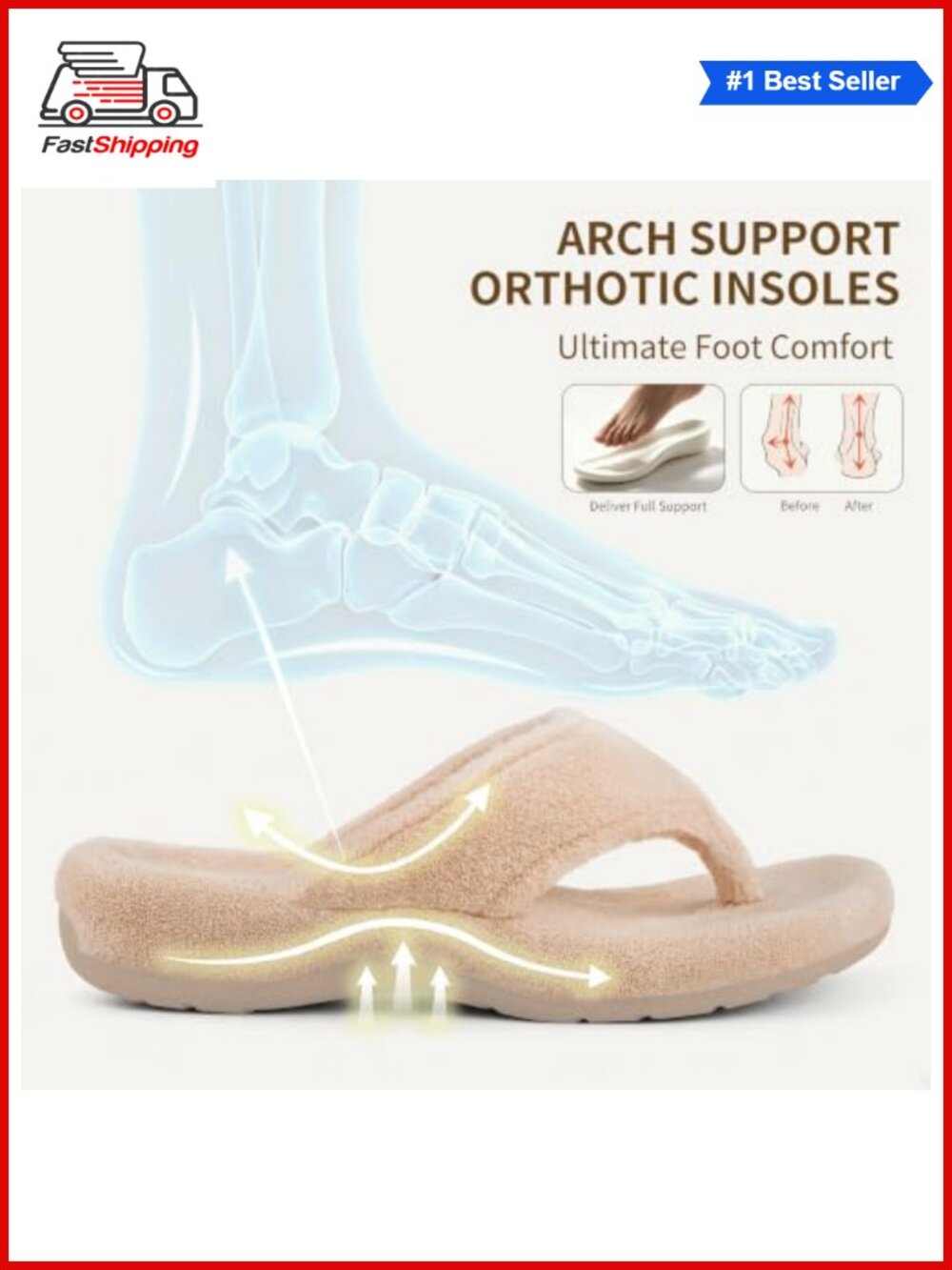 Orthopedic Fuzzy Slippers with Arch Support Open Toe Non-Slip Coral Velvet - Picture 4 of 6